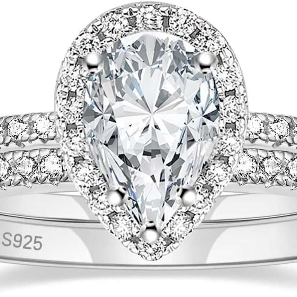 Sterling Silver Wedding Band Women’s 1.5ct Halo Teardrop Rings Size 3-11
